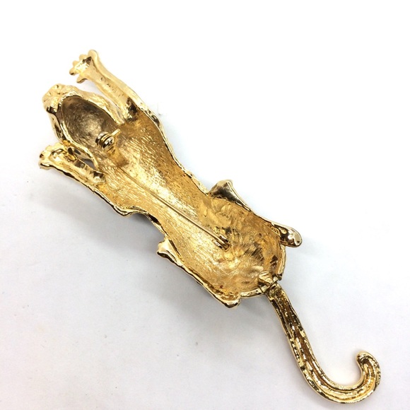 VINTAGE 80s JAGUAR CAT SPOTS GOLD TONE GREEN RHINESTONE ARTICULATED BROOCH PIN - Picture 5 of 12